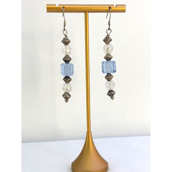 Blue Crystal & Clear Crackle Glass Beads Dangle Earrings - Picture 1 of 5
